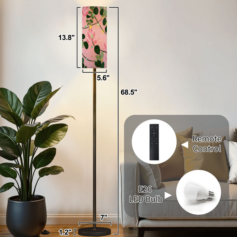 Lampe sur pied à motif floral rose à feuilles vertes et à lumières décoratives à intensité variable avec télécommande et pédale avec abat-jour