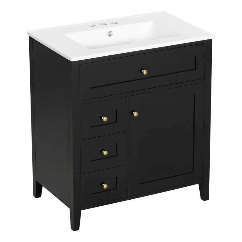 Meuble-lavabo autoportant de 30 pouces avec lavabo, panneau de fibres à densité moyenne moderne et bois d'hévéa avec 3 tiroirs et tablette réglable
