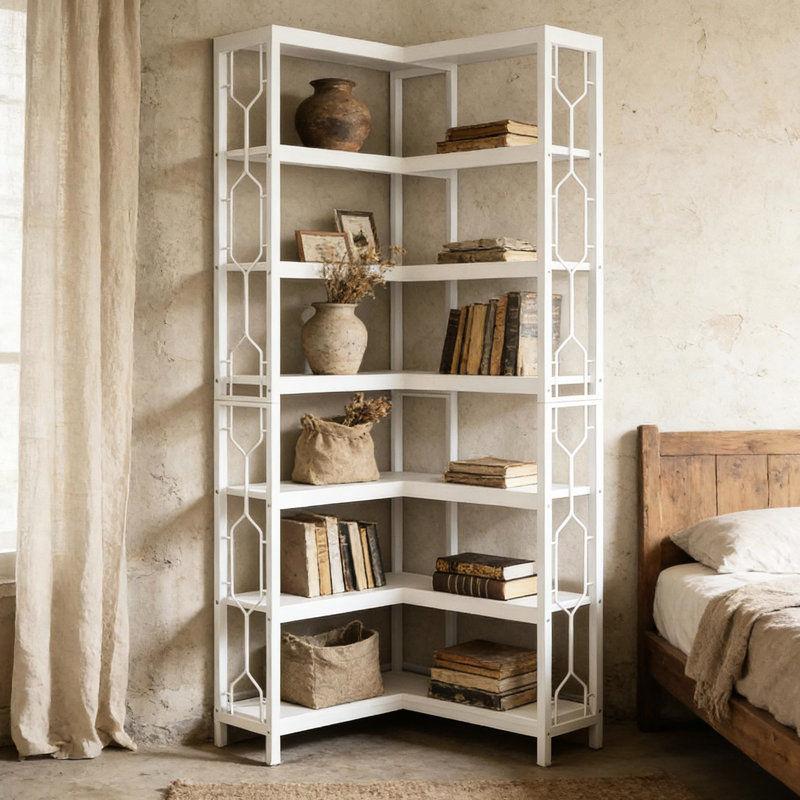 Nordic, 7 tablettes d'angle blanches, panneau de métal et de particules, bibliothèque hexagonale, côté, espace, structure, assemblage simple, 24,06 po de largeur, profondeur, 76,83 po de hauteur, blanc avec forme optimisée,