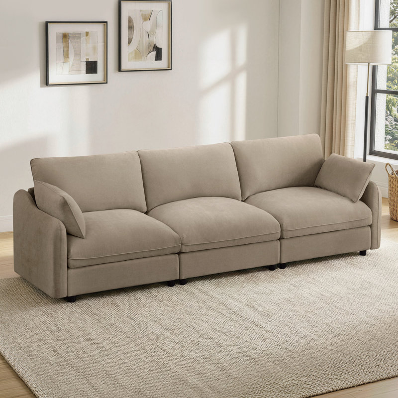 112" Modern Upholstered 3-Seater Sofa, Khaki
