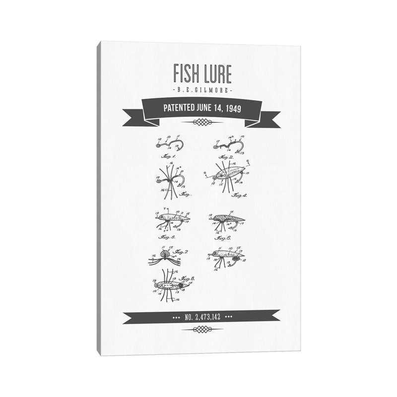 B.E. Gilmore Fishing Lure Patent Sketch Retro (Charcoal) by Aged Pixel - Wrapped Canvas Gallery-Wrapped Canvas Giclée