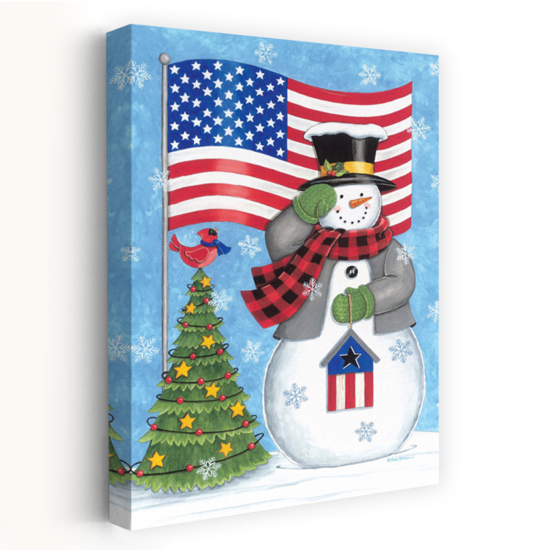 Art d'hiver contemporain bonhomme de neige patriotique, H 24 po x l 16 po