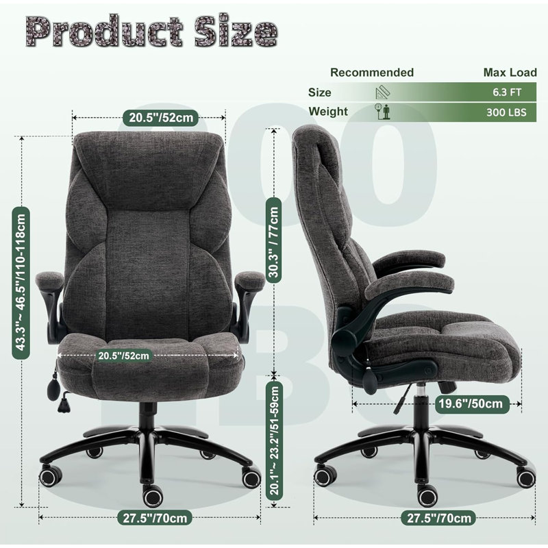 Fabric Office Chair with Inflatable Lumbar Support, Executive Ergonomic Desk Chairs with Flip Arms, High Back Cloth Computer Chair Rocking Function, Heavy Duty Metal Base 300 lbs Capacity| Grey