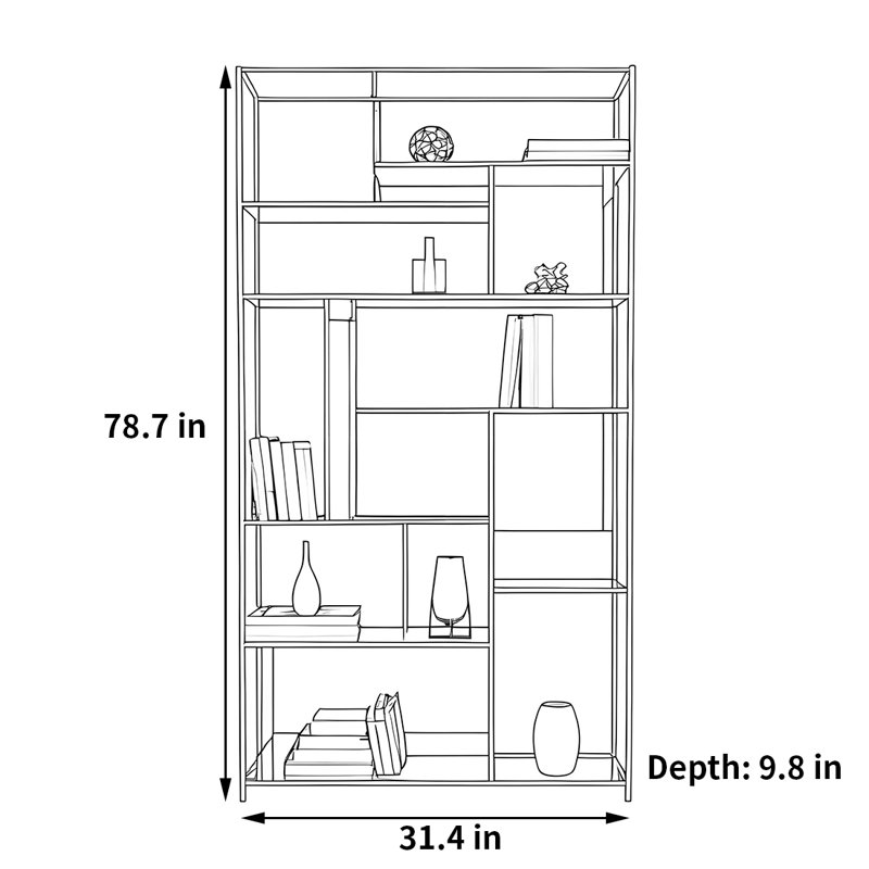 Bibliothèque luxueuse et de haute qualité, (8 tablettes) H 78,7 po x l 31,4 po x P 9,8 po, Noir, noir, noir, noir