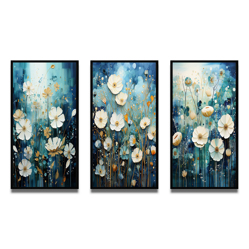 «Blue Tranquil Gardens», 3 pièces sur toile, H 32 po x l 48 po, Cadre noir