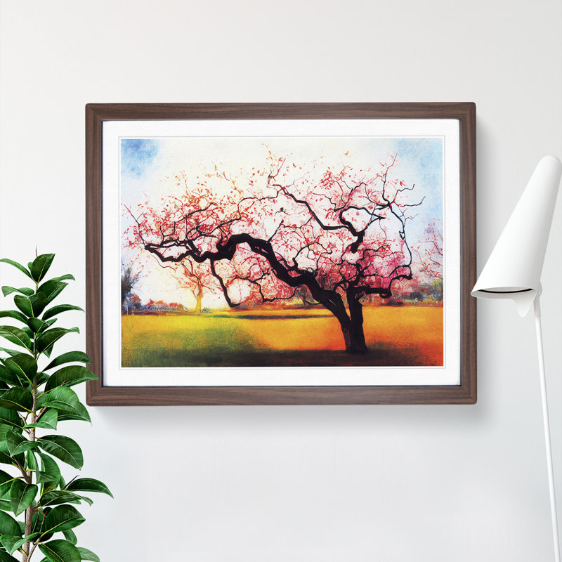 Idyllic Plum Blossom Tree - Single Picture Frame Painting, 46cm H x 64cm W x 2cm D, Walnut