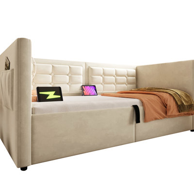 Beige Velvet Upholstered Twin Daybed With Hydraulic Storage Bed Frame, Type - C Charging, Wooden Slats, And Back, Ideal For Student Dormitories Frame & Daybed, Storage, Back Functionality