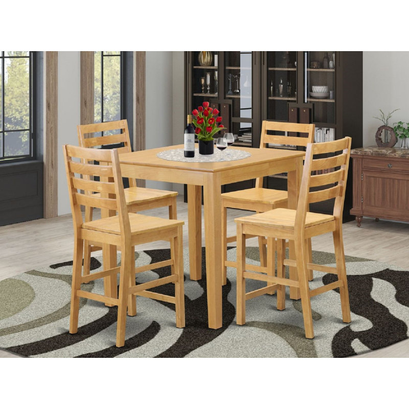 5 Piece Counter Height Pub Set Includes a Square Dining Table and 4 Kitchen Dining Chairs, Oak, 5 pieces: Table, 4 Chairs