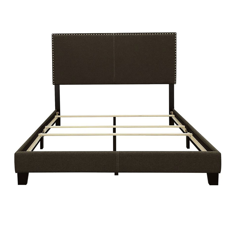 Lit pour grand lit gris anthracite pour la chambre à coucher, pieds en bois massif stable noir, garniture cloutée gracieuse, gris anthracite