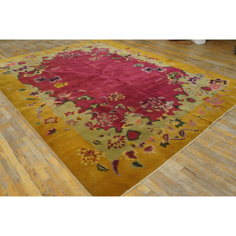 Antique Art Deco Room Size Wool Fuschia, Yellow / Gold / Orange Rug