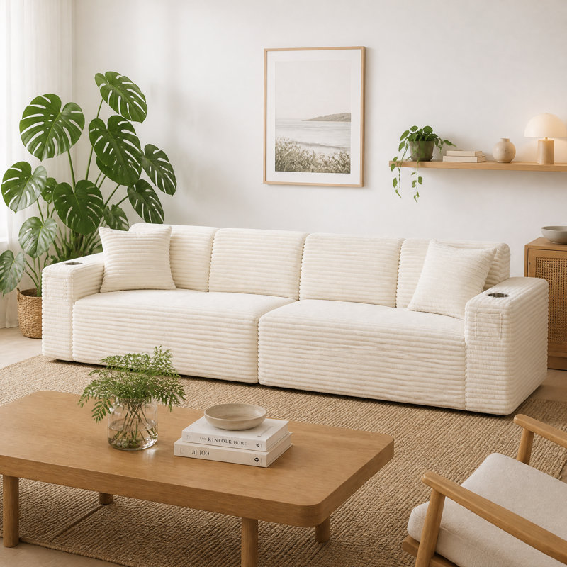 Canapé rembourré en velours côtelé avec sièges surdimensionnés de 142 po, Beige