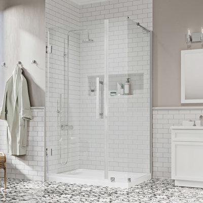 OVE Decors Panama X P 36 po P 74 po Ensemble de porte de douche pivotante en H sans cadre en chrome avec base