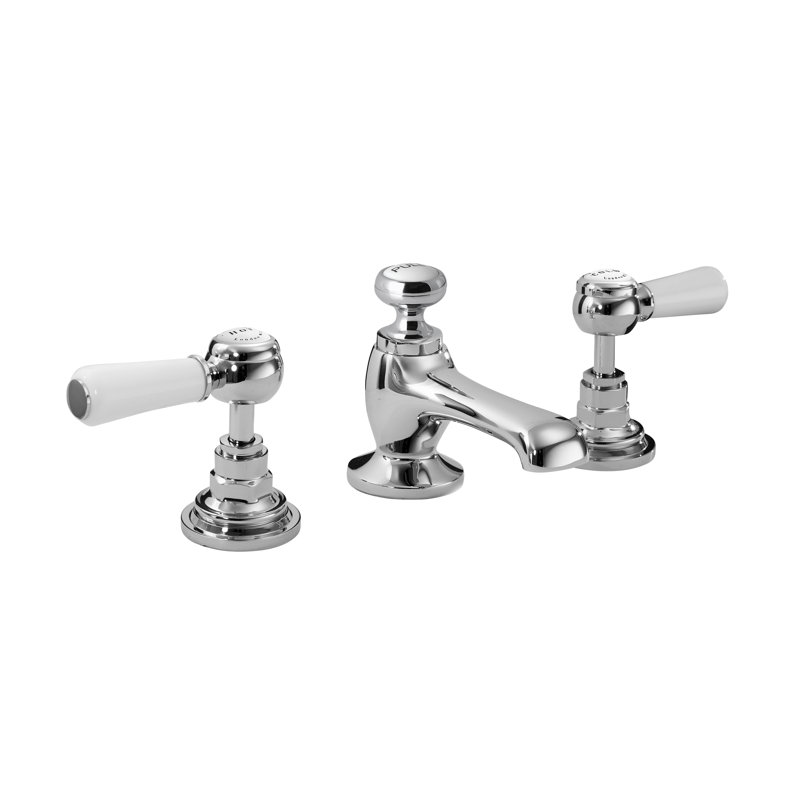Solid Brass 3 Hole Deck Pillar Taps with Waste, White