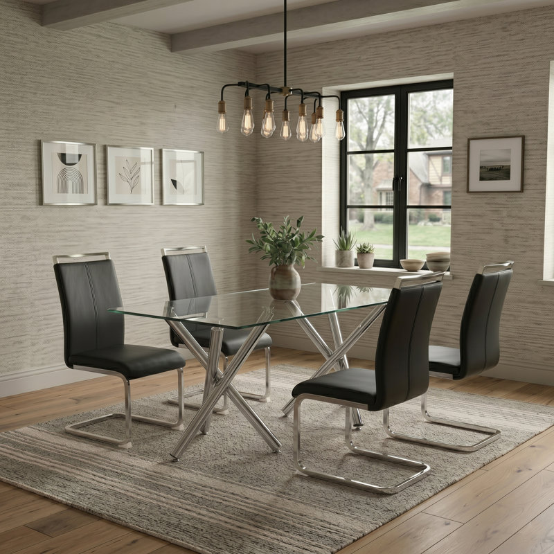Ensemble de salle à manger 5 pièces avec plateau en verre et 5 chaises en porte-à-faux rembourrées, Noir