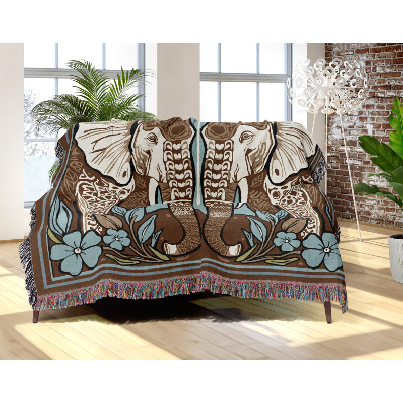 Jeté en mélange de coton Lim Elephant, Beige / bleu / blanc cassé, L 60 po x l 50 po