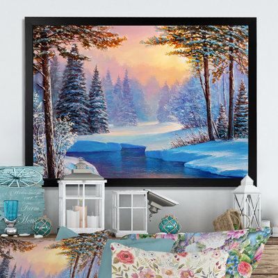 «Sunset On River Winter Landscape», reproduction sur toile flottante