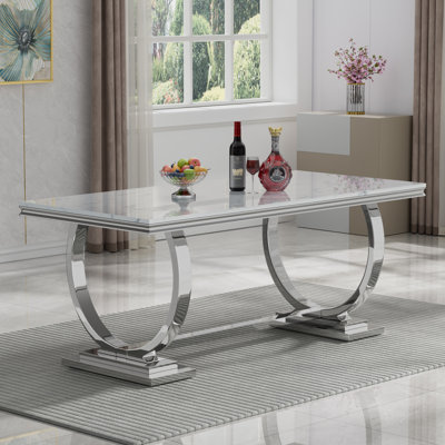 68" Marble Dining Table, Luxurious Marble Table Dining with Printed Faux Marble Tabletop and O-Shape Stainless Steel Pedestal, Modern Kitchen Dining Room Table for 8