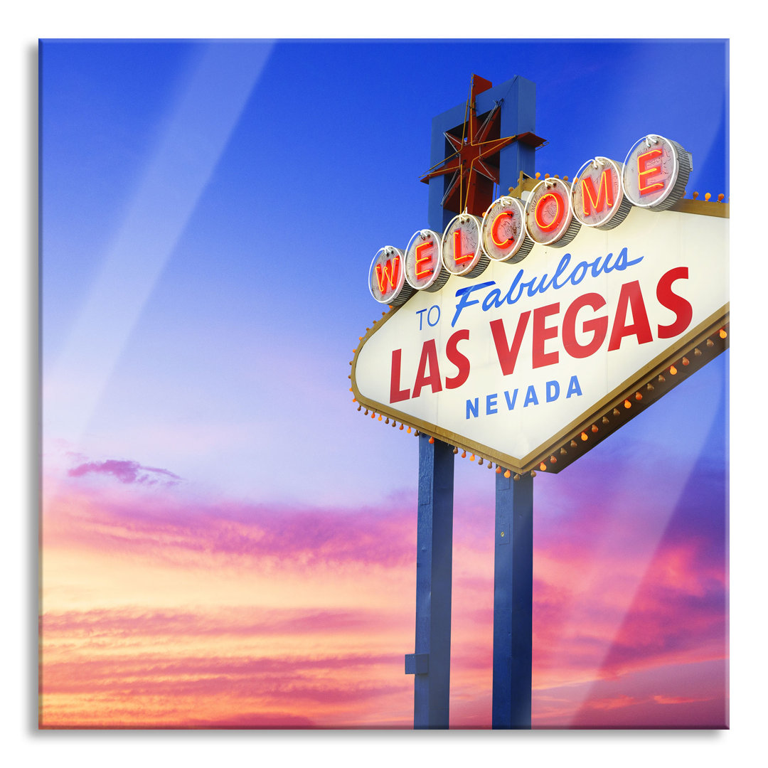 Glasbild Las Vegas Schild in der Dämmerung