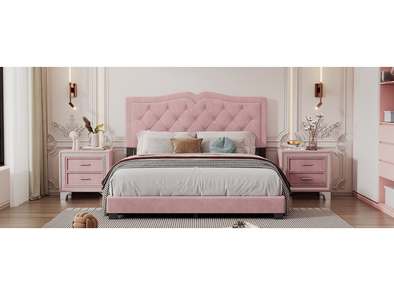 Lit rembourré en velours avec tête de lit capitonnée et structure en bois, Rose