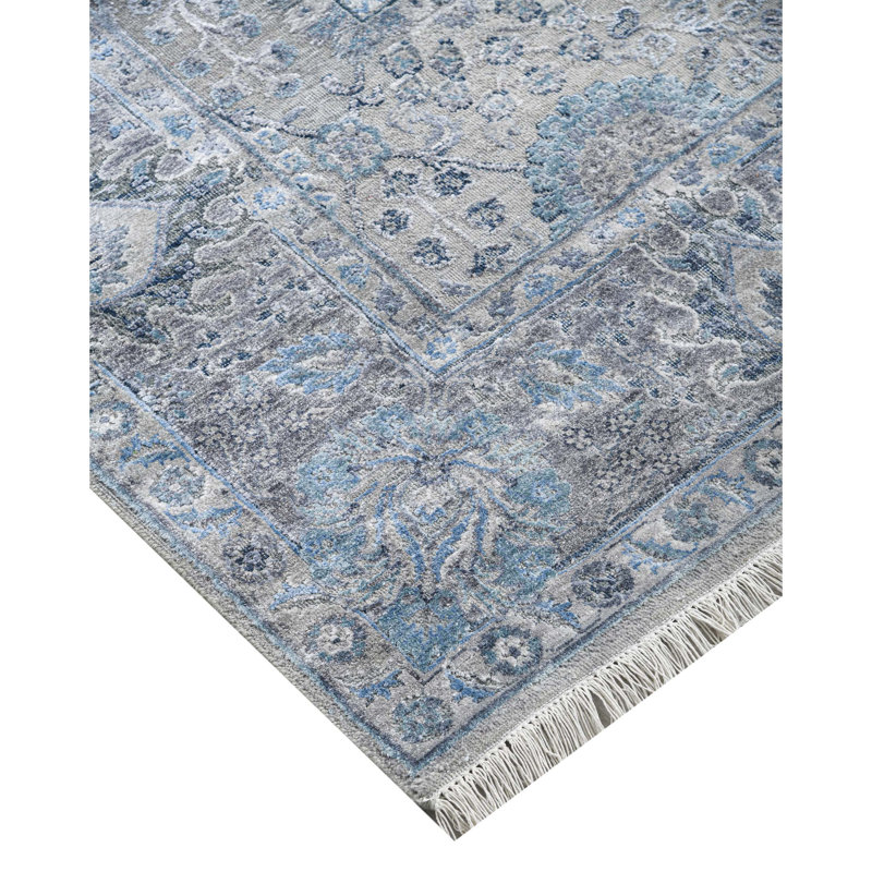 Floral Area Rug in Gray/Light Blue, Rectangle 9' x 12'