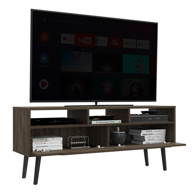 Meuble télé pour téléviseur de 52 po de haut, trois tablettes ouvertes, deux tiroirs flexibles, finition noyer foncé sur place