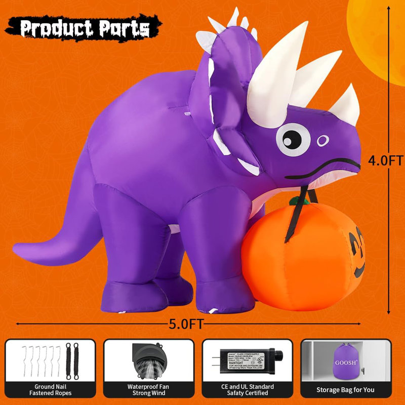 Dinosaure gonflable d'Halloween 5 pi avec citrouille dans la bouche
