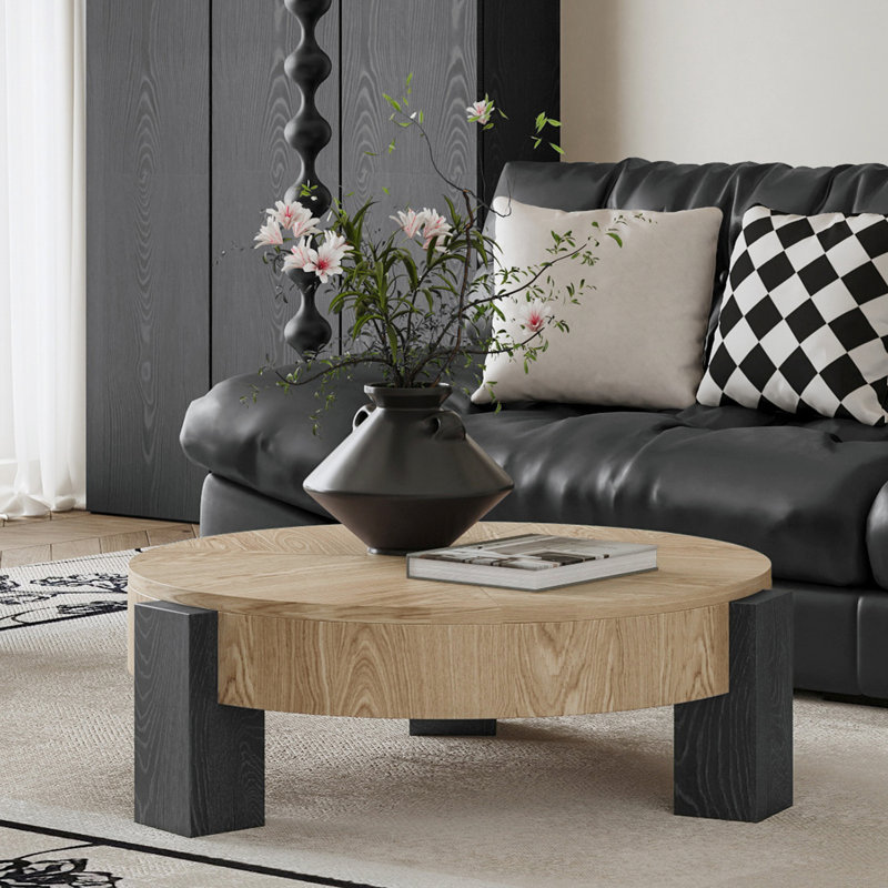 Table basse ronde de 33 pouces avec compartiment caché, placage de parquet de style, 3 pieds solides, parfait pour les salons confortables, agencement de couleurs naturelles et noires, surface de rangement laquée de 33 po,