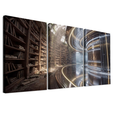 Ensemble de 3 toiles murales futuristes aux courbes métalliques lumineuses