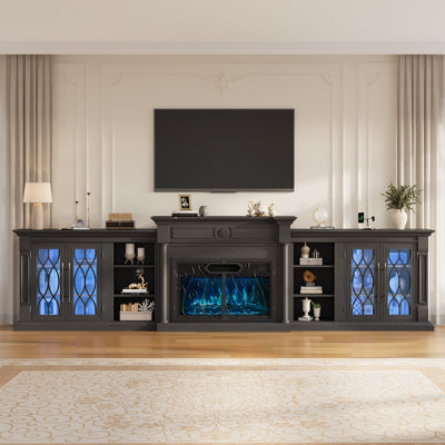 135" Farmhouse Fireplace Tv Stand,Entertainment Center With Led Lighting And Outlet& Open Bookcase & Storage Cabinets, Large Media Console Table With 30" Electric Fireplace Colorful Flames &Retro Scrollwork Doors ,Black