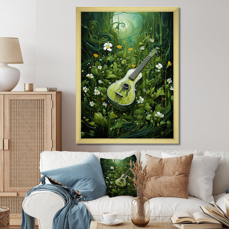 " Music Guitar Meadows Grass Green ", Gold Picture Framed, 20" H x 12" W