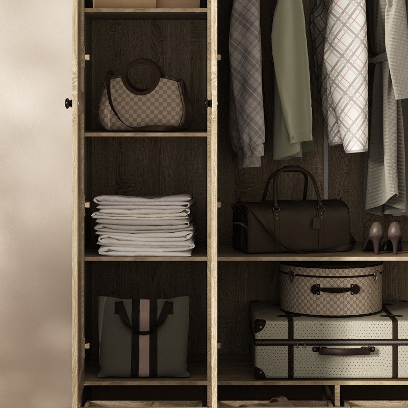 Modern 3-Door Wardrobe With Rattan Panels, Spacious Drawers, And Adjustable Shelving For Bedroom Organization