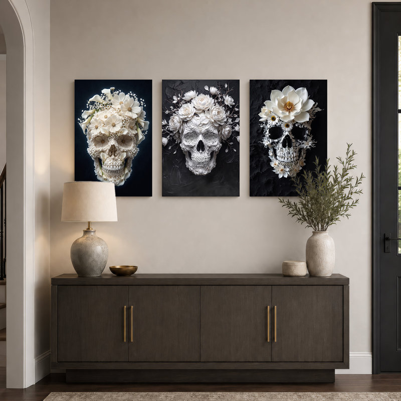 Triptyque floral blanc et crâne sur fond sombre, ensemble de 3 toiles murales pour l'Halloween, 18"H x 12"W x 3pcs