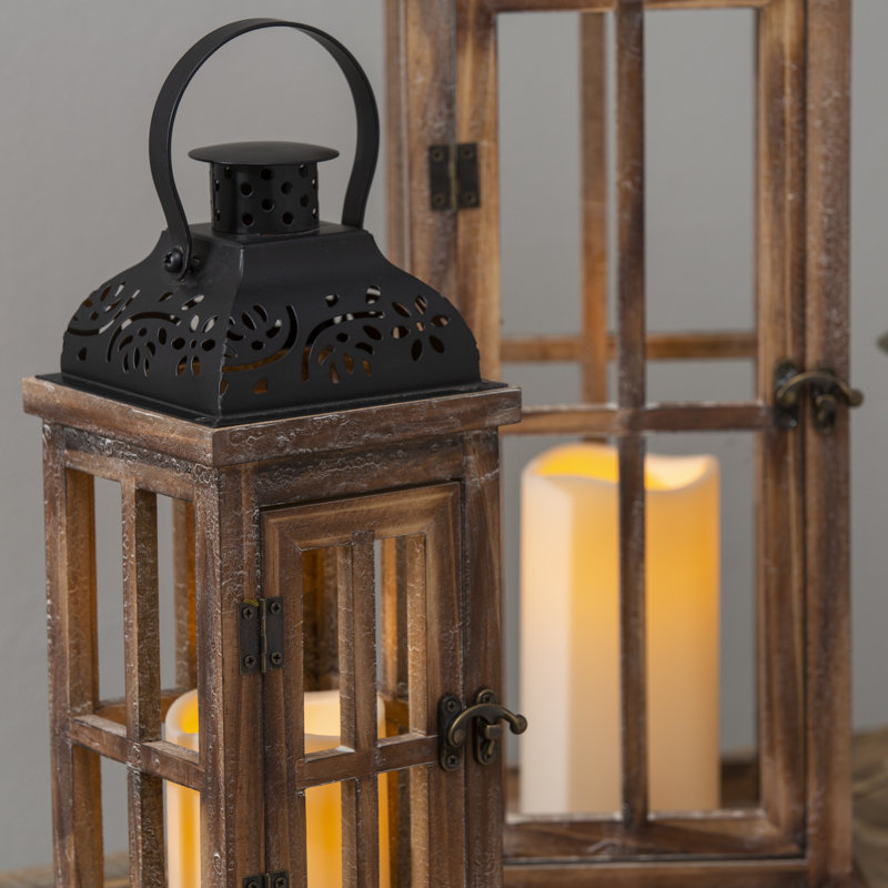Set Of 3 Nested Wood And Metal Lanterns W LED Candle