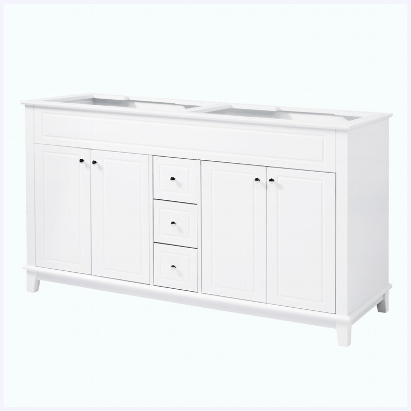 Meuble-lavabo de salle de bain blanc 58 po seulement, armoire de rangement autoportante avec 3 tiroirs à fermeture douce et 4 portes, 2 tablettes à double couche, pieds en bois massif, pour la salle de bain