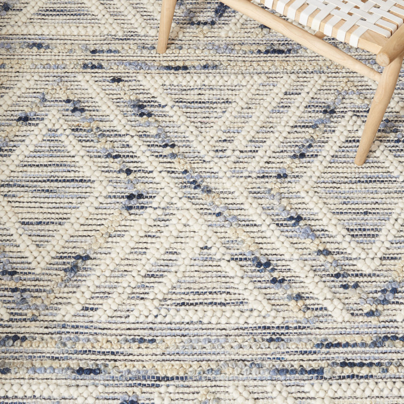 Garstang Geometric Hand-Loomed Jute/Sisal/Wool/Cotton Ivory / Blue Area Rug, Square 6'