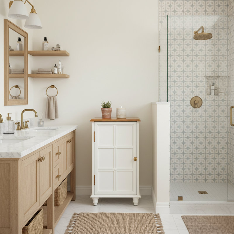 Armoire de plancher de style Mid-Century moderne de 27 po avec portes et tablette réglable, White