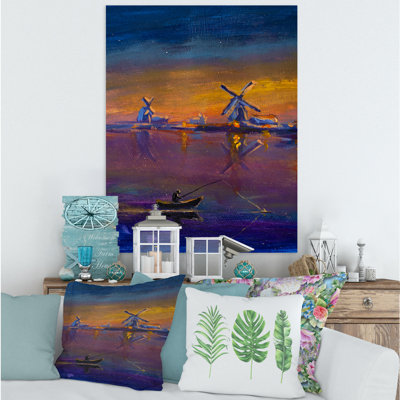 " Evening Fishing Against The Traditional Windmill " Painting Print