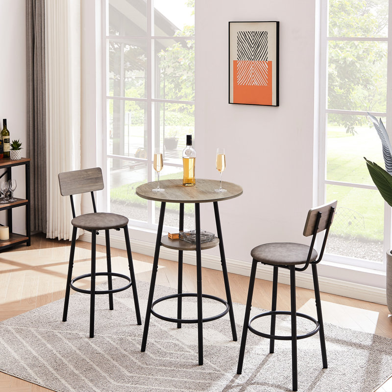 Round Bar Stool Set With Shelf, Upholstered Stool With Backrest.