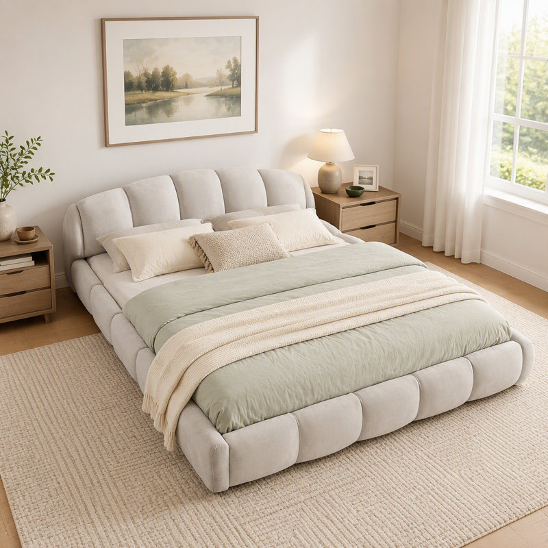 Base de lit tapissier grand format en chenille élégante, tête de lit courbée épaisse et pied de lit enveloppé, Queen, Beige