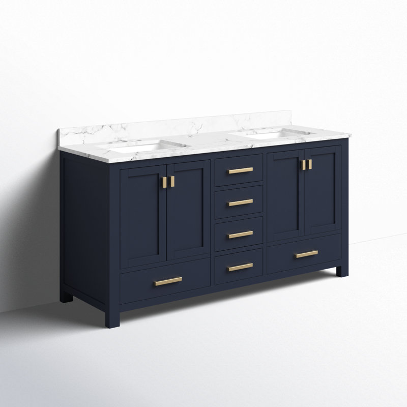 Modero 60" Double Bathroom Vanity with Top, Navy Blue, Cala White Marble