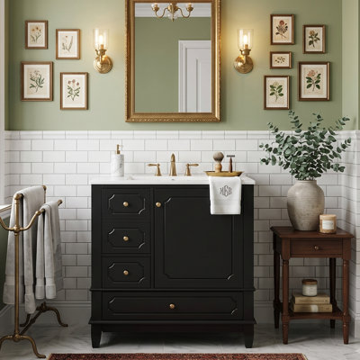 Meuble-lavabo autoportant moderne 30 po avec lavabo en céramique, armoire de rangement en bois d'hévéa massif, 3 tiroirs, noir / blanc / vert