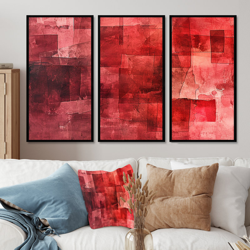 «Cubist Red Secrets - Abstract Collages», ensemble d'art mural, Cadre flottant noir, H 32 po x l 48 po x P 1 po