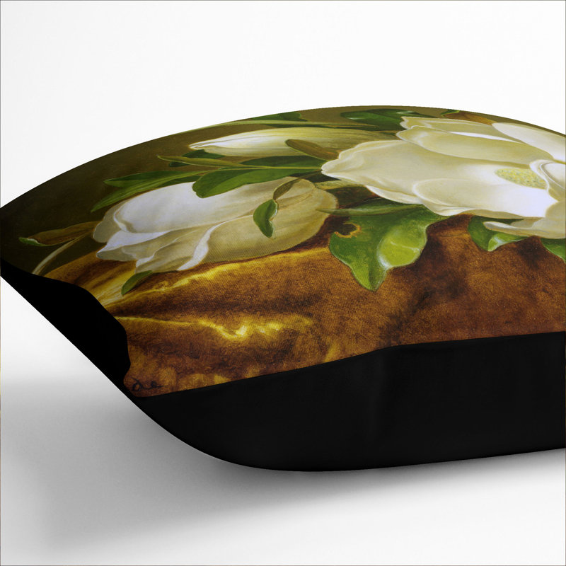 Magnolias On Gold Velvet Square Throw Cushion, 40cm H x 40cm W x 15cm D, Black