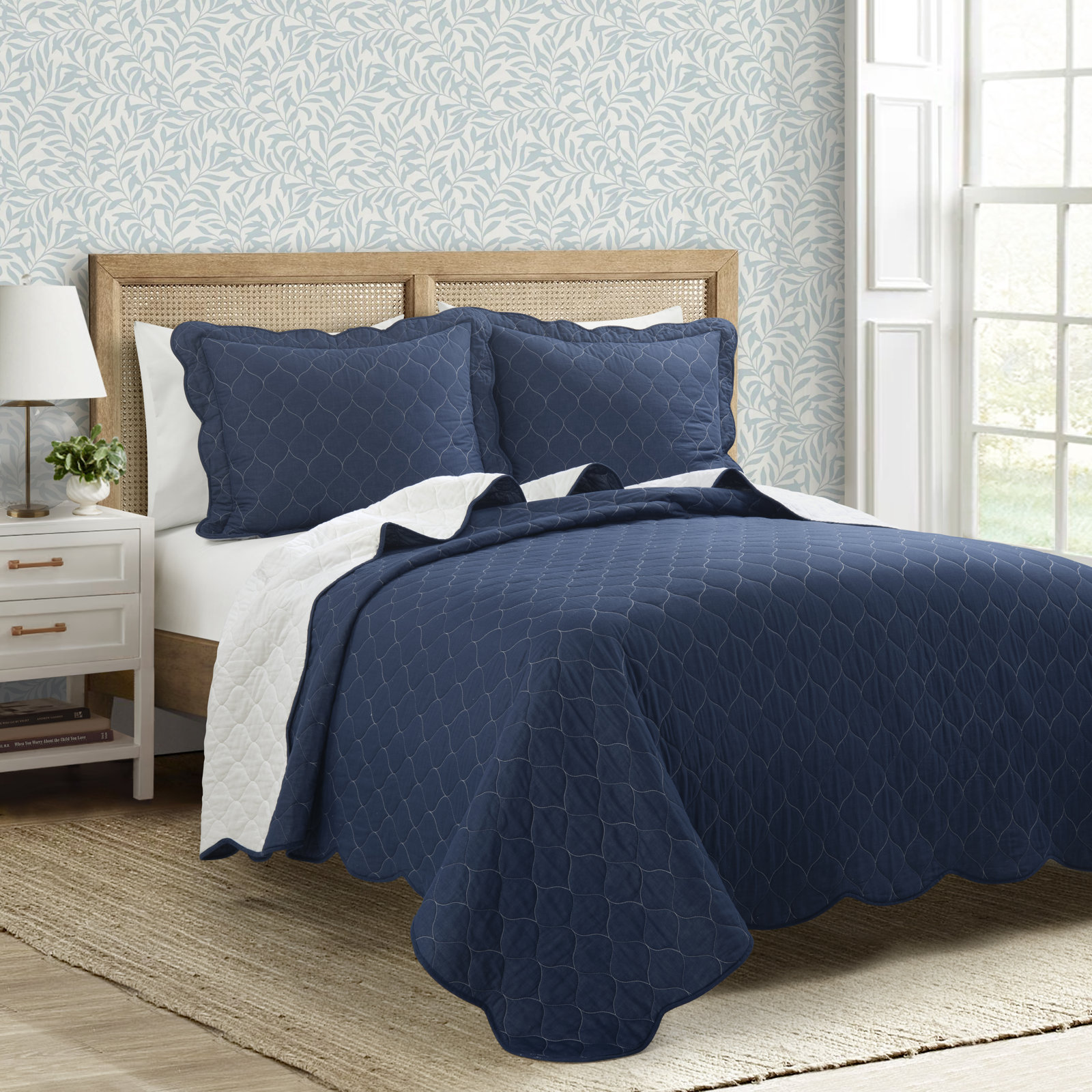 January Cotton Quilt Set, Queen Quilt, Navy