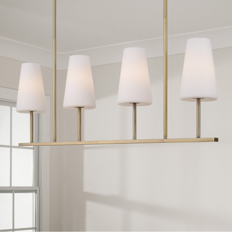 Lustre linéaire moderne 4 lumières l 43 po x H 15 po noir mat avec verre blanc doux effilé, Laiton