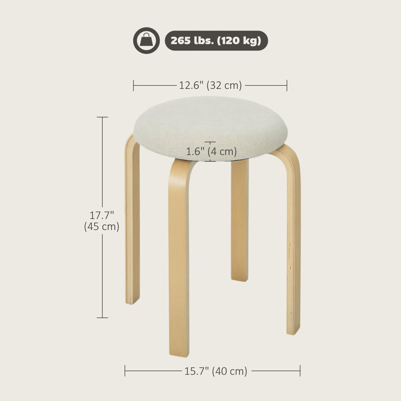 Ensemble de 4 tabourets ronds empilables avec siège rembourré pour la cuisine, crème