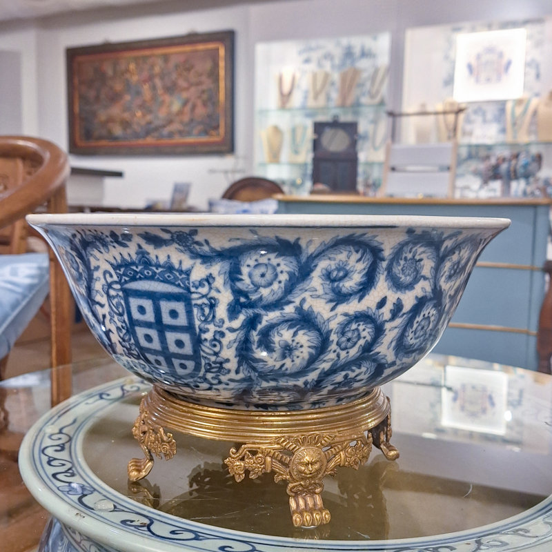 Porcelain Bowl With Bronze Blue White Emblem