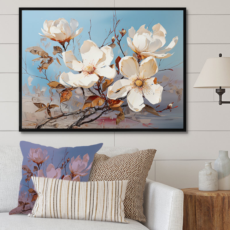 Fleurs de magnolia blanches et bleues sur toile, H 16 po x l 32 po x P 1 po, Cadre flottant noir