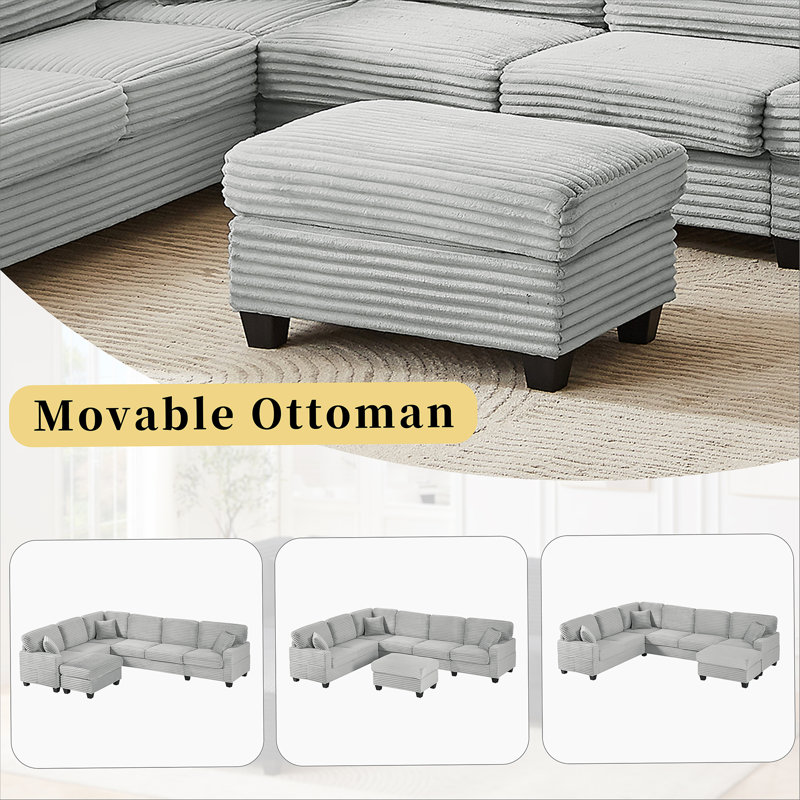 Sectional Sofa U-shaped Sectional 125.2" Upholstered L-shaped Sofa with a Movable Ottoman and Side Storage Pockets for Living Room, Grey