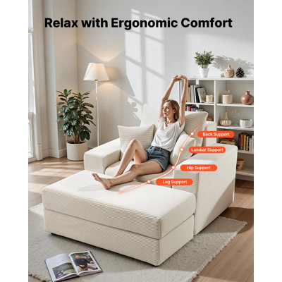 Chaise longue, méridienne modulaire désossée de 44 po pour l'intérieur, fauteuil de lecture surdimensionné en velours côtelé avec coussins décoratifs et accoudoirs, canapé-lit à siège profond pour le salon, la chambre à coucher, beige